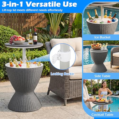 Tangkula Outdoor Cooler Table, Multi-Functional Cooler Bar Table, Adjustable Height Ice Cooler Side Table w/Drain Plug, 8 Gallon Beer & Wine Cooler, Rattan Style Patio Furniture for Pool Parties - color: Grey
