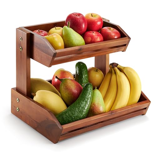 HOLANA Acacia 2 Tier Fruit Basket for Kitchen Counter Organizer – Wooden Fruit Bowl & Wooden Basket for Kitchen Counter Storage, Vegetable & Produce Storage, Snack Organizer for Countertop (Acacia) - color: Acacia, size: 2 Tier