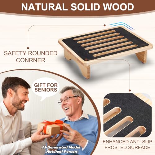 One Step Stool for Adults Seniors, Non-Slip Rubber Step Surface Heavy Duty Wooden Stepping Stool, Perfect Bed Steps for High Beds & Daily Use