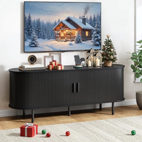 55" TV Stand with Power Outlet, Modern Media Console with Sliding Doors, Entertainment Center for TVs up to 60 Inch, Adjustable Shelves, Black - color: Black, size: 55 Inch