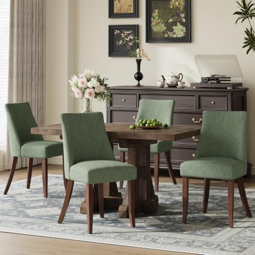 COLAMY Upholstered Dining Chairs Set of 4 with Wood Legs, Green | Mid Century Kitchen Chairs with Back, Fabric Side Dining Room Chairs for Dining Room Restaurant - color: Green, size: Set of 4