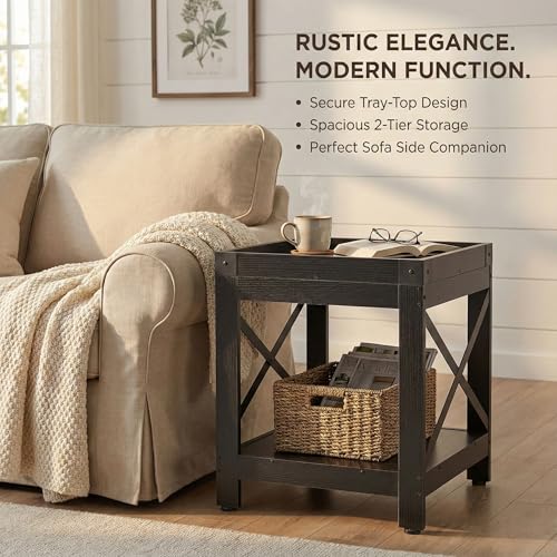 Farmhouse Square Side Table,2-Tier End Table with Storage Shelf | Modern Sofa Couch Table Bedside Nightstand With X-Frame for Living Room Bedroom Office Small spaces,Black - color: Black, style: Farmhouse