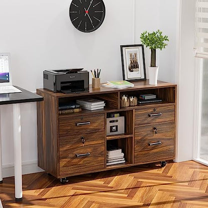 VINGLI Dark Brown Wood Lateral File Cabinet with Lock, 4 Drawer & 4 Open Shelves, Rolling File Cabinet for Home Office, Letter Sized - color: Dark Brown