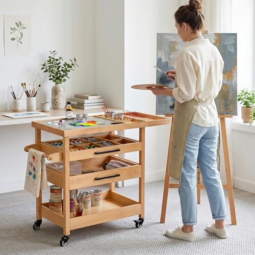 GDLF Art Storage Cart with 2 Drawers, Artist Taboret on Wheels with Tempered Glass Mixing Palette, Beech Wood Rolling Cart with Brush Holder, 2 Rinse Cups & Paper Towel/Towel Bar