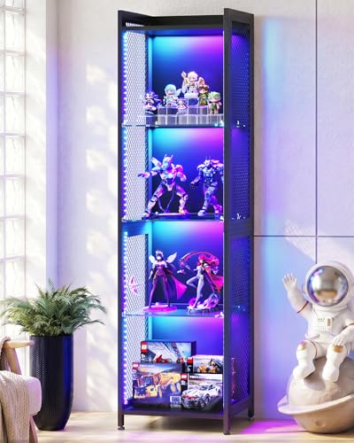 AODK Display Case with LED Lights, Display Cabinet with Open Glass Shelves for Small Space, 4-Tier Corner Display Shelf with Industrial Mesh, Curio Cabinet for Collectibles, Bookcase - size: 63 Inch