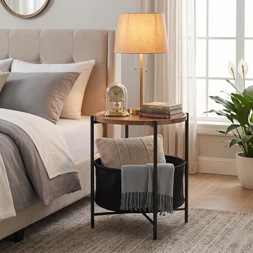 danpinera Side Table with Wood Removable Tray, Nightstand with Basket | Small Round Table for Small Space, Living Room, Bedroom, Nursery, Modern Accent Stand with Serving Tray, Walnut - color: Walnut