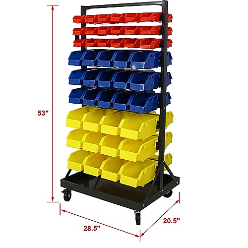 9-Tier Double-Sided Rolling Bin Rack with 90 Parts, Heavy Duty Steel Frame with Locking Wheels, 450 lbs Capacity for Garage, Shop, Home, and Workshop Organization - size: 9-Tiers