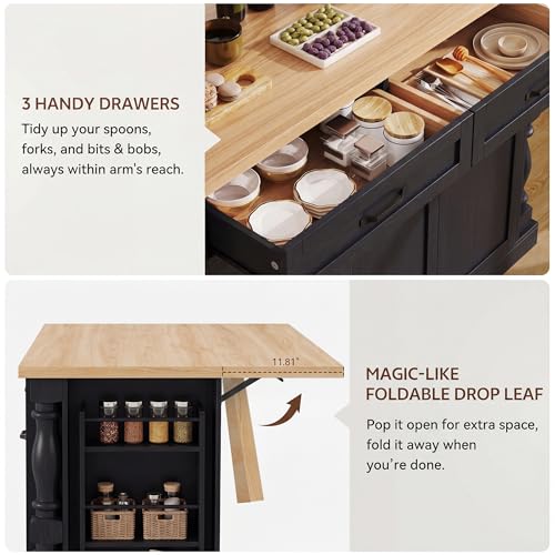 Island for Kitchen, 47.6"x20" Farmhouse Rolling Kitchen Island with Drop Leaf & Spice Rack, Coffee Cart Breakfast Bar Table Storage & Trash Bin Islands Table with Power Outlet for Dining Room - color: Black