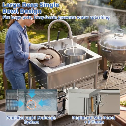 Stainless Steel Utility Sink, 29.5" Single Bowl Freestanding Laundry Sink with 360° Hot & Cold Water Faucet, Hoses & Drain Kit, Outdoor/Indoor Commercial Sink for Kitchens, Garage, Laundry Room - size: 29.54" x 19.7" x 35.2"