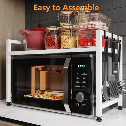 Extendable Microwave Oven Stand, Adjustable Microwave Rack Toaster Shelf, Heavy Duty Rack 2 Tier Kitchen Counter Top Organizer with 7 Hooks for Kitchen - color: White