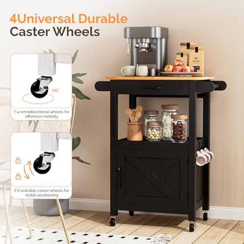 VINGLI Rolling Kitchen Cart with Microwave Stand, Storage Cabinet & Drawer, Small Coffee Cart with Side Hooks & Towel Rods, Compact Kitchen Island on Swivel Wheels, Black - color: Black, size: 33"