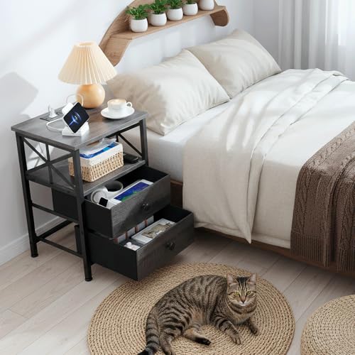 AMHANCIBLE Nightstands Set of 2, Large Night Stand with Charging Station | Bedside Table with 2 Fabric Drawers, End Side Tables Living Room, with Open Shelf, USB Ports Outlets, for Bedroom, Dark Grey - color: Dark Grey