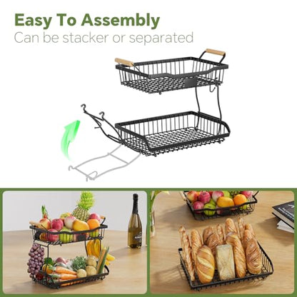 Simple Trending Fruit Basket 2-Tier Detachable, with Banana Hangers & Rust-Proof Metal Mesh, Ventilated Kitchen Organizer for Countertop, Perfect for Fruits, Vegetables, Snacks Storage - style: Fruit Bowl Black-Hanger