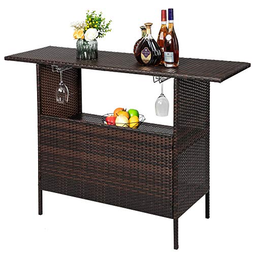 54.7" Patio Wicker Sideboard Buffet Cabinet Prep Table,All Weather Patio Rattan Wicker Bar Table,Outdoor Patio Bar Table,with Storage Shelves,for Party Porch Backyard Garden Poolside (Brown)