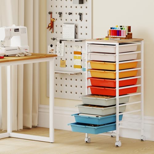 Rolling Cart with Drawers, 10 Drawer Rolling Storage Cart with Wooden Tabletop, Metal Frame & Lockable Wheels, Craft Organizers and Storage for Home Office Classroom (Macaron, 10-Drawer Small) - color: Macaron, size: 10 Drawer Small