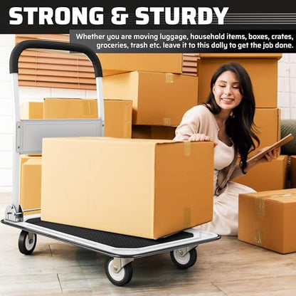 Heavy Duty Foldable Push Cart Dolly | 330 lbs. Capacity | Upgraded Collapsible Hand Truck Folding Platform with Swivel Wheels | Flat Bed Moving Wagon | Space Saving Push Handle (White) - color: White, 330 Lbs. Capacity