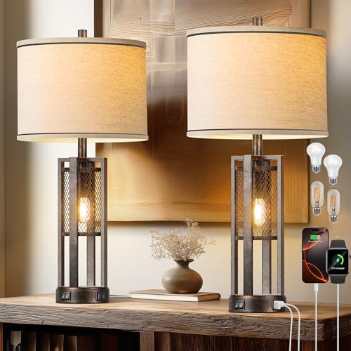 28'' Farmhouse Industrial Table Lamp Set of 2 - Rustic Bedside Nightstand Lamps with Dual USB A+C Ports, Bronze Metal Mesh Nightlight Desk Lamps for Bedroom Living Room, 4 LED Bulbs Included - color: Bronze-Set of 2