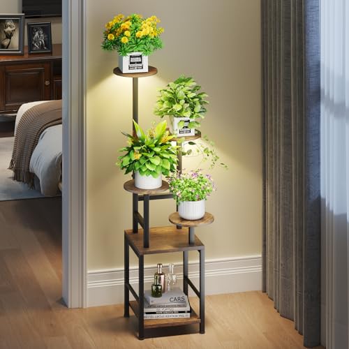 Homsorout Round Plant Stand Indoor with Grow Light, 5-Tiered Tall Plant Stand Indoor, Metal Plant Shelf with Adjustable Light, Ideal for Living Room, Garden, Patio (Black Brown)