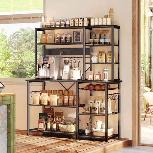 SUPERJARE Larger Bakers Rack with Power Outlets, 6-Tier Microwave Stand, Coffee Bar with 12 S-Shaped Hooks, Kitchen Shelf with Wire Basket, 47.2 x 15.5X 66.9 Inches, Black - color: Black, size: 47.2inch