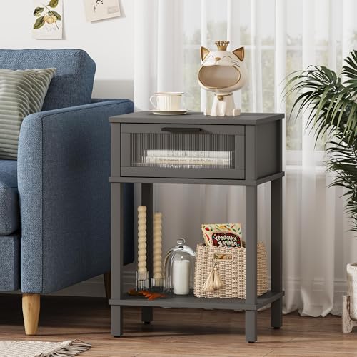 Nightstand Wooden Bedside Table with Drawer Grey Night Stands Modern Style Small End Table Side Table with Storage Shelf for Bedroom Living Room MLBZ10G - color: Grey