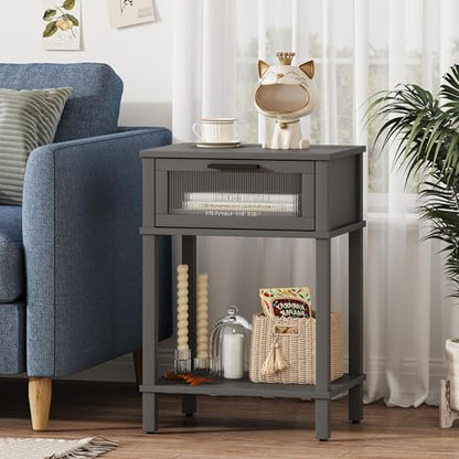 Nightstand Wooden Bedside Table with Drawer Grey Night Stands Modern Style Small End Table Side Table with Storage Shelf for Bedroom Living Room MLBZ10G - color: Grey