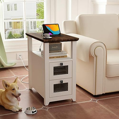 HDDDZSW Farmhouse XXL End Table with Charging Station, Narrow Side Table with USB Ports and Outlets, Nightstand with 2 Drawers Storage, Bedside Tables for Living Room, Bedroom, Rustic Walnut White - color: White