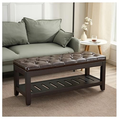 44" Entryway Bench with Shoe Storage, End of Bed Bench, Upholstered Ottoman Storage, 500 LBS Capacity for Entryway, Living Room, Hallway - color: Dark Brown(pu)-1