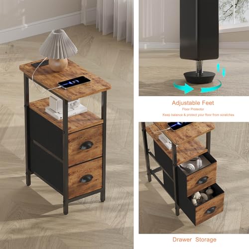 sthmec Narrow End Table with Charging Station, Narrow Side Table with 2 Fabric Drawers, LED End Table, Slim Nightstand with LED Light, Small Side Table for Small Space,Living Room,Bedroom,Rustic Brown - color: Rustic Brown, size: 7.87'' W x 15.75'' D x 24