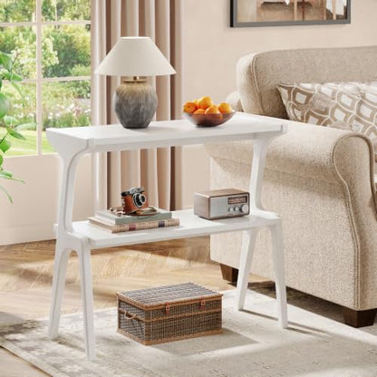 Tribesigns 2-Tier Solid Wood Side Table, Modern White End Table with Storage Shelves, Tall Slim Side Table for Couch with Unique Legs, Long Bedside Table for Bedroom, Living Room - color: White