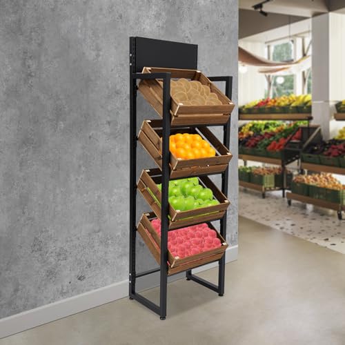 4-Tier Fruit and Vegetable Rack, Wood Fruit and Vegetable Storage Rack, Heavy Duty Freestanding Produce Storage Shelf, 44 lbs per Tier for Kitchen Store