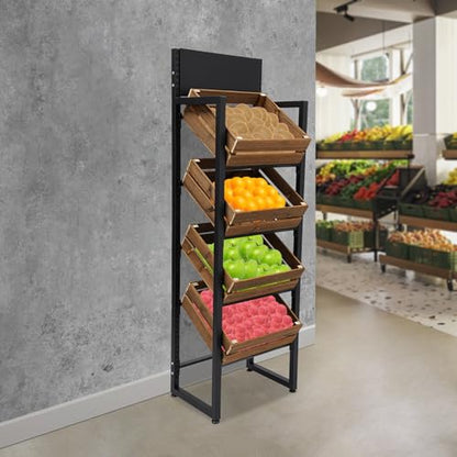 4-Tier Fruit and Vegetable Rack, Wood Fruit and Vegetable Storage Rack, Heavy Duty Freestanding Produce Storage Shelf, 44 lbs per Tier for Kitchen Store