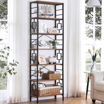 HOMISSUE Tall Bookshelf, 84 Inch Industrial Bookshelf with Metal Frame and Open Shelves, 7 Tier Metal Bookshelves and Bookcases, Rustic Tall Book Shelf for Office, Living Room and Bedroom, Brown - color: Rustic Brown, size: 7-Tier（23.6"W x 84.4"H）
