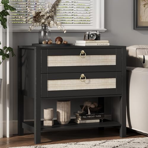 Xixini Rattan Nightstand with 2 Drawers and Open Shelf, 27" Wide Boho Bedside Table with Brass Knobs, Mid-Century Modern Wooden End Table for Bedroom, Black - color: Black