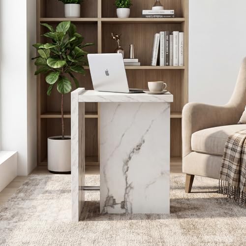 Hyfirm Modern Faux Marble Side Table Small T-Shaped End Table White | Space-Saving Accent Table with Marble Finish Nightstand for Use Beside Sofas in Living Rooms Bedrooms Apartments and Offices - color: White Marble