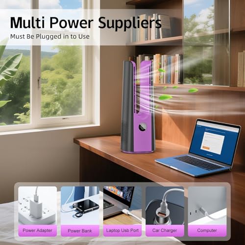 KONSIDEN Bladeless Desk Fan for Office, 13-Inch Small Quiet Desktop Fan with 9 Speeds, 60° Oscillation, 1–9H Timer and LED Display, Plug-In Bedside Fan with Adapter for Bedroom and Nightstand - color: Rose
