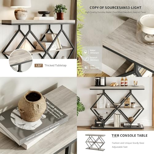 Garvee 3 Tier Console Table,39" Industrial Entryway Table,Open Wood Shelves | Sofa Table,Narrow Wood Accent Tables with Metal Frame for Hallway,Living Room,Behind Couch,Foyer,Entrance,Gray - color: Gray + Diamond-shaped