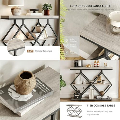 Garvee 3 Tier Console Table,39" Industrial Entryway Table,Open Wood Shelves | Sofa Table,Narrow Wood Accent Tables with Metal Frame for Hallway,Living Room,Behind Couch,Foyer,Entrance,Gray - color: Gray + Diamond-shaped