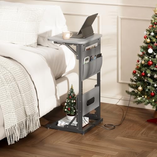 HLDIRECT C Shaped End Table with Charging Station & Storage Bag Gray | 2 USB & 2 Outlets, Storage Bag, FSC Wood, Foldable, 11.8"D x 15.7"W, for Small Spaces, Couch, Bedroom - color: Grey