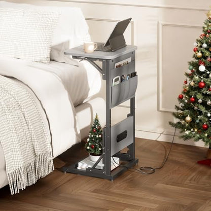 HLDIRECT C Shaped End Table with Charging Station & Storage Bag Gray | 2 USB & 2 Outlets, Storage Bag, FSC Wood, Foldable, 11.8"D x 15.7"W, for Small Spaces, Couch, Bedroom - color: Grey