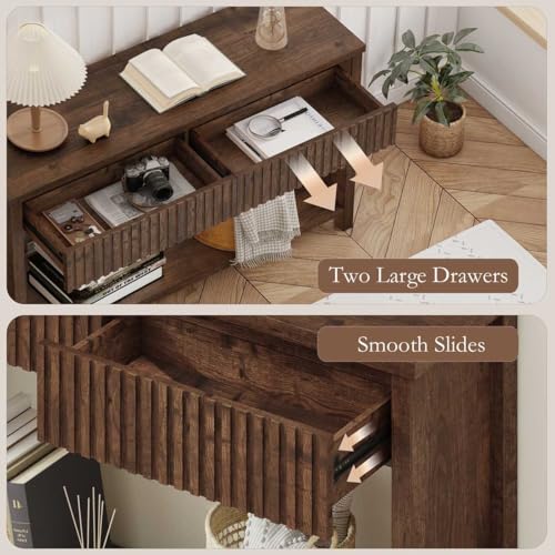 BON AUGURE Console Tables for Entryway, Console Table with Drawers, 47In Sofa Table with Storage, Narrow Entryway Tables with 2-Tier Shelf, Farmhouse Fluted Couch Tables for Living Room, Rustic Oak - color: Rustic Oak