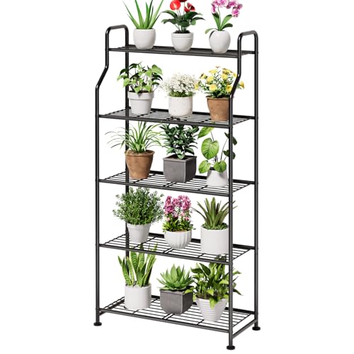 Kitsure 5-Tier Plant Stand Indoor & Outdoor, 27" x 11.4" x 53.9", Black | Metal Plant Shelf with Adjustable Leveling Feet, Easy to Assemble Planter Stand for Patio, Balcony, or Garden, Plant Shelves - size: 27" x 11.4" x 53.9"