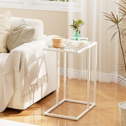 Easy Paws Small C Shaped Table for Sofa,Glass Couch Sofa Tray Snack Table for Living Room, Bedroom,TV Tray Table for Small Space,Accent Coffee Table,Nightstand with Metal Frame(White) - color: White