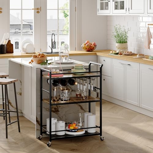 3 Tier Bar Cart, Small Beverage Cart, Mini Bar Cart with Wine Rack, Home Bar Serving Cart with Wheels for Kitchen Dining Living Room (Rustic Brown, General) GBC507R - color: Rustic Brown, size: General
