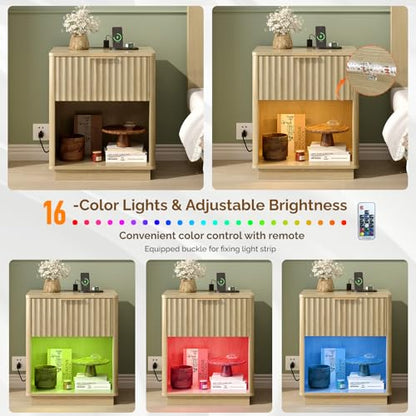 VINGLI Nightstand with Charging Station, LED Nightstand Fluted with Rounded Edge, 19" W Mid Century Modern Night Stand for Bedroom, Fluted Bed Side Table, Oak, 18.9" W*15" D*22.4" H - color: Oak, size: 19"W-1 Drawer 1 Shelf