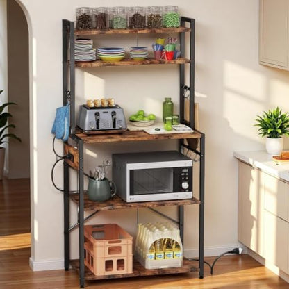 Cheersstar Bakers Rack with Power Outlet - Microwave Oven Stand 5 Tiers, Kitchen Storage Shelf Rack with 6 S-Shaped Hooks, Coffee Bar Cabinet for Kitchen, Entryway, Living Room, Rustic Brown