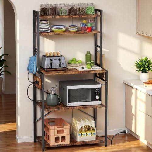Cheersstar Bakers Rack with Power Outlet - Microwave Oven Stand 5 Tiers, Kitchen Storage Shelf Rack with 6 S-Shaped Hooks, Coffee Bar Cabinet for Kitchen, Entryway, Living Room, Rustic Brown