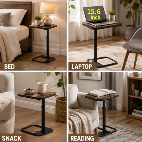 Japard Flexible Living Side Table 11.8" x 16", Rustic Brown Wood Couch for Laptop, Snacks, Work & Small Spaces, 9 Adjustable Height 18.5" - 30"