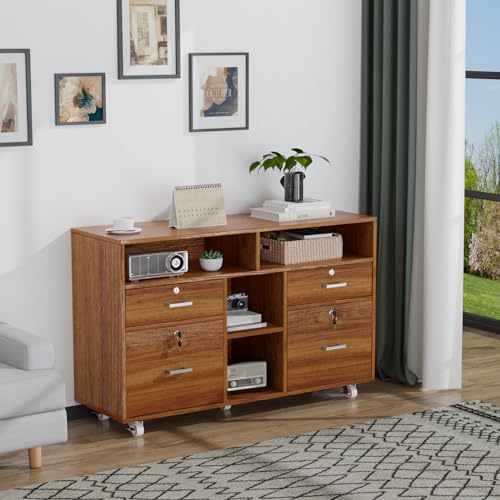 VINGLI Wide 4 Drawer Lockable Rolling File Cabinet with Open Shelves - Walnut Wood Lateral File Cabinet Printer Stand for Home Office, Letter Sized - color: Walnut