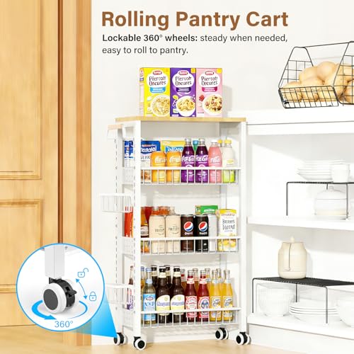7.8 Inch Ultra-Slim 4-Tier Rolling Storage Cart with Adjustable Shelves - Lockable Wheels & Wooden Top for Narrow Spaces Between Washer/Dryer, Bathroom, Kitchen Organization (White) - color: White