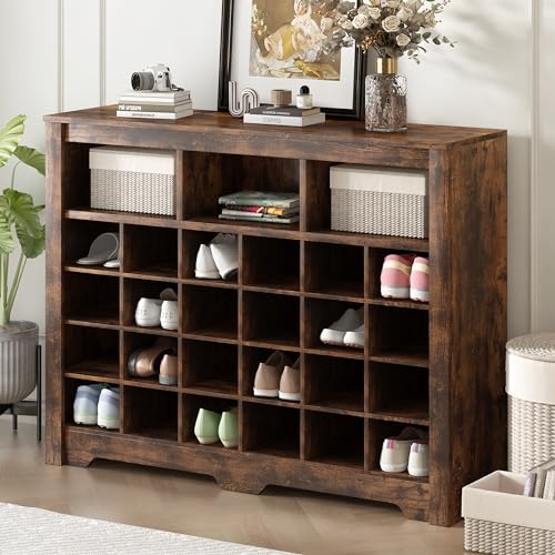 Harper & Bright Designs Sleek Design 24 Shoe Cubby Console, Modern Shoe Cabinet with Curved Base, Versatile Sideboard for Hallway, Bedroom, Living Room, Rustic Brown - color: Rustic Brown, size: 35''